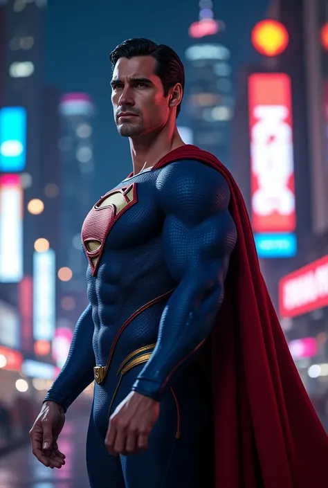 Superman in a blue suit standing in a city at night, justin hartley as superman, no text, superman pose, superman, boys tv show superhero, superhero portrait, hero pose colorful city lighting, super realistic photo, superHero body, Superman suit, arte the ...