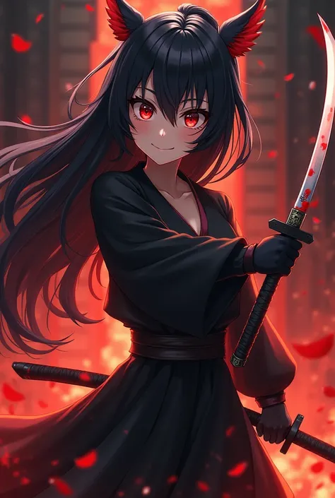 Female anime character with black hair with a beautiful smile and a cute expression with 2 blood-stained katana and black ninja outfit with a flaming aura, Eyes red