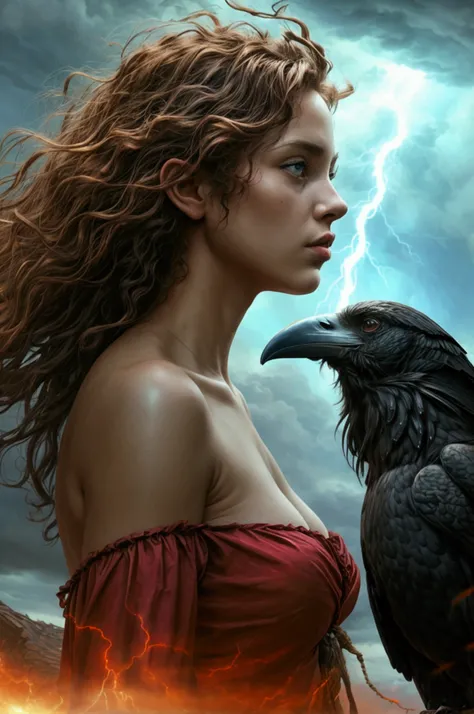 (Wide and low angle scene)curly-haired naked wild woman facing a huge elemental thunder raven in the sky, (dark fantasy, mythology, masterpiece, vivid colors, hyperdetailed,)