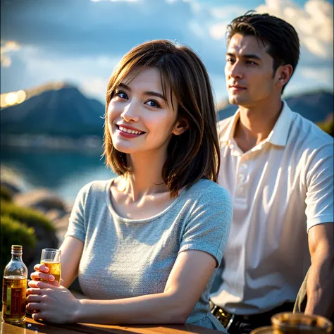 (Realistic, 超Realistic:1.4), 16k hdr, High resolution,Brown short hair,The best smile、Japanese actress,Super Beauty(Like the real thing),Short sleeve dress,Whiskey bottles、The Macallan、Johnnie Walker、、Old Parr、whiskey、Suntory、Nikka、Slim couple、Model Couple...