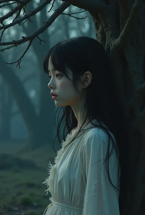 
A young girl with long black hair, dressed in a torn, white dress, stands beneath an ancient tree. Her expression is filled with confusion and sorrow as she gazes into the distance, trying to grasp her fate. The surroundings are dark, with faint moonlight...