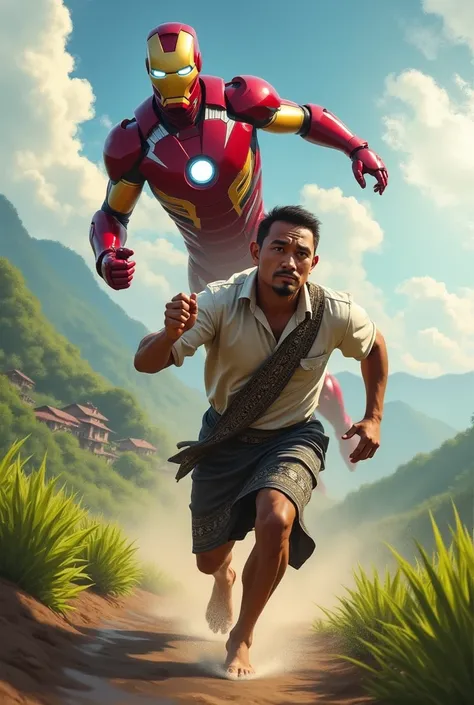 Create a picture of a West Java man in pursuit of Iron Man 