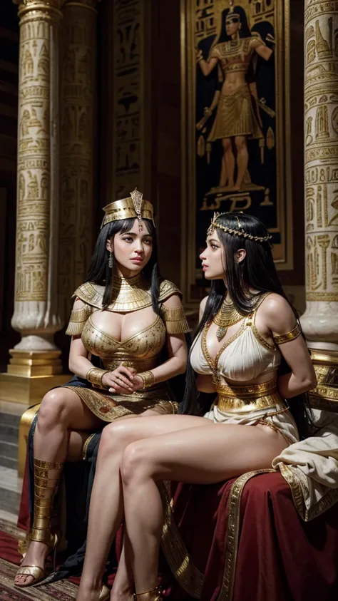 Cleopatra is in an intense conversation with Julius Caesar, depicted as a stunning and voluptuous queen, dressed in traditional but form-fitting Egyptian attire. Her gestures are expressive, highlighting her intelligence and strategic thinking. The palace ...