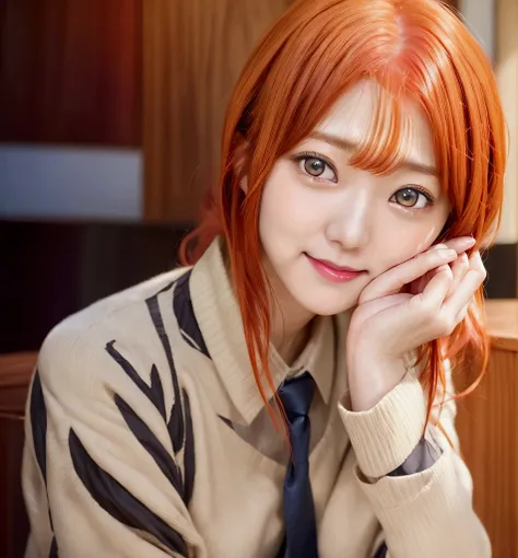 Beautiful girl with red hair and a tie sitting at a table, todays featured still, ( ( ( yoshinari yoh ) ) ), visual  cute girl, close up iwakura lain, kurisu makise steins gate , still from tv , portrait of shiina ringo, serene smile, official studio still