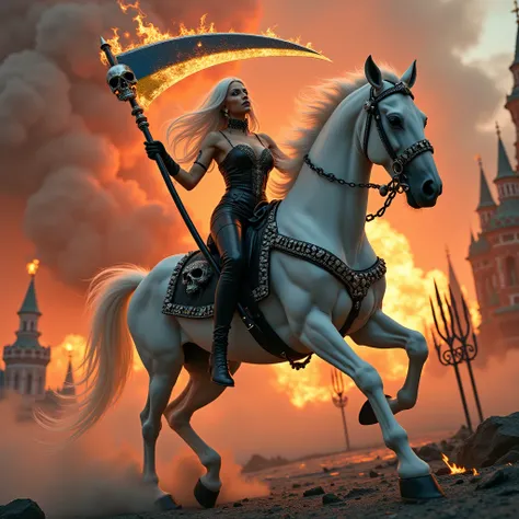 apocalypse, white-haired Lady Death with a black two-handed scythe decorated with runes, which is burning, in her hands. fast gallops (dynamic pose) on a mystical pale horse, the horses harness and saddle are decorated with large silver skulls. Lady Deaths...