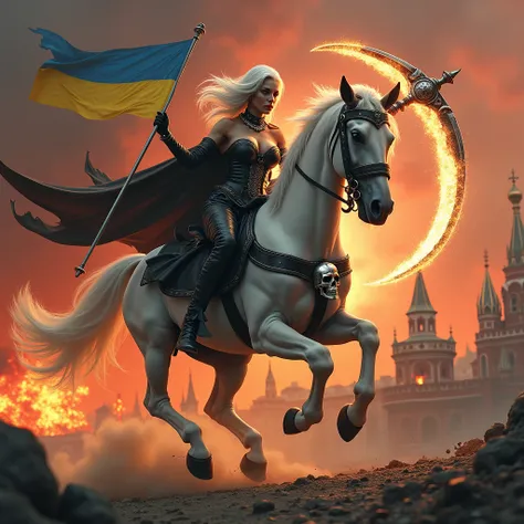 apocalypse, white-haired Lady Death with a black two-handed scythe decorated with runes, which is burning, in her hands. fast gallops (dynamic pose) on a mystical pale horse, the horses harness and saddle are decorated with large silver skulls. Lady Deaths...