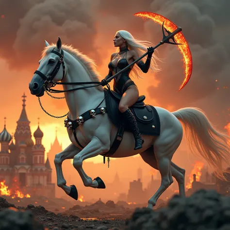 apocalypse, white-haired Lady Death with a black two-handed scythe decorated with runes, which is burning, in her hands. fast gallops (dynamic pose) on a mystical pale horse, the horses harness and saddle are decorated with large silver skulls. Lady Deaths...