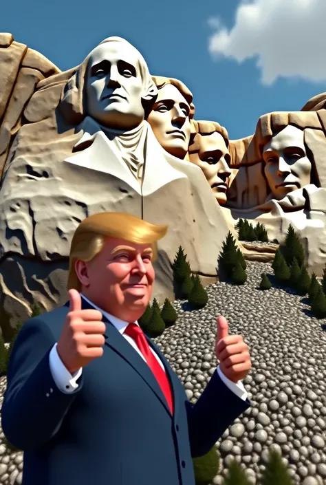 A parody of the iconic Mount Rushmore, with a giant donut replacing one of the faces. Trump is giving a thumbs-up next to it.