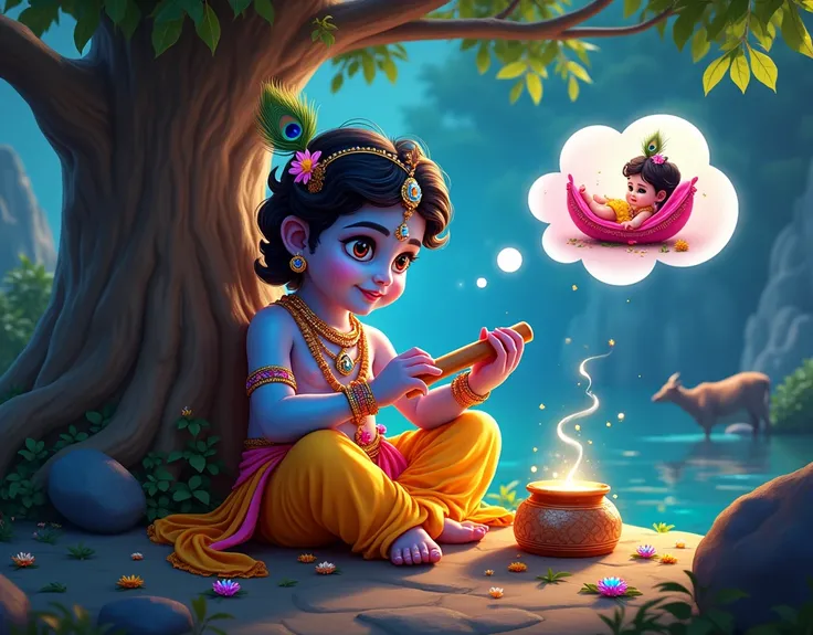 "Create a digital artwork of a cute Krishna young boy with big expressive eyes, wearing a traditional Indian yellow costume with floral pattern. He is sitting with a flute in his hand, adorned with gemstone ornaments, and a peacock feather in his hair. He ...