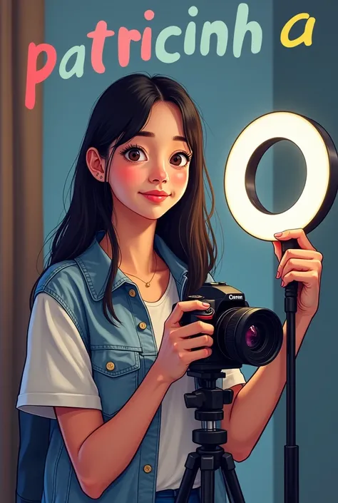 20-year-old woman, skin fair, eyes browns, full mouth, straight hair to the shoulder and black, holding a camera and a ring light, in a recording scenario, with the writing “patricinha” at the top, in cartoon style 