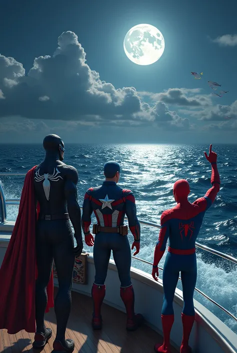 Captain america ,venom and spiderman together in a yacht . they are looking to the oceanvenom and spiderman pointing to the ocean at night and there are fishs in the ocean