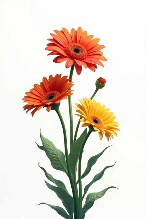 3 gerberas with stems on a white canvas background