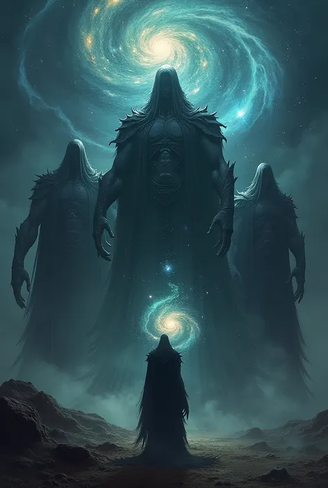 The five supreme dark gods, one of whom holds a galaxy because they are the creators of the dark multiverse. 