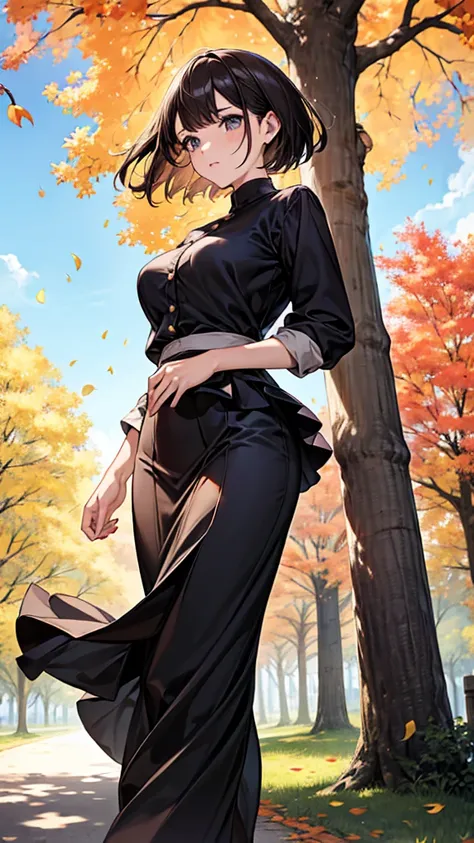 score_9,score_8_up,score_7_up,One girl, ,Stroll along the ginkgo tree-lined streets 、autumn服、Gaze, Large Breasts, Anatomically correct, High detail, 、Shake your chest、Run、autumn、one piece、My skirt is fluttering in the wind and my pants