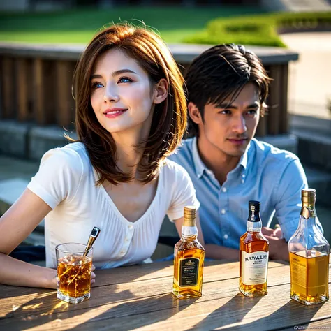 (Realistic, 超Realistic:1.4), 16k hdr, High resolution,Brown short hair,The best smile、Japanese actress,Super Beauty(Like the real thing),Short sleeve dress,Whiskey bottles、The Macallan、Johnnie Walker、、Old Parr、whiskey、Suntory、Nikka、Slim couple、Model Couple...