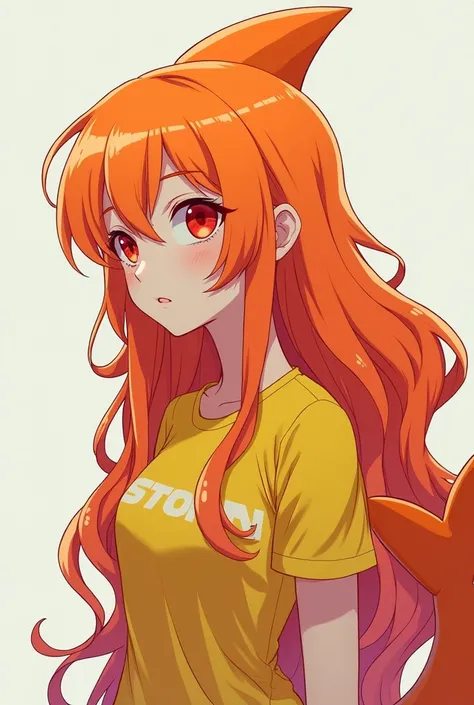 Anime image of a girl with a shark fin on her head in orange,and an orange shark tail with orange hair with a yellow shirt and red eyes