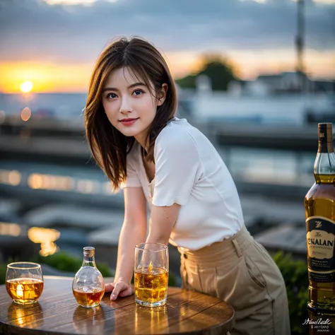 (Realistic, 超Realistic:1.4), 16k hdr, High resolution,Brown short hair,The best smile、Japanese actress,Super Beauty(Like the real thing),Short sleeve dress,Whiskey bottles、The Macallan、Johnnie Walker、、Old Parr、whiskey、Suntory、Nikka、Slim couple、Model Couple...