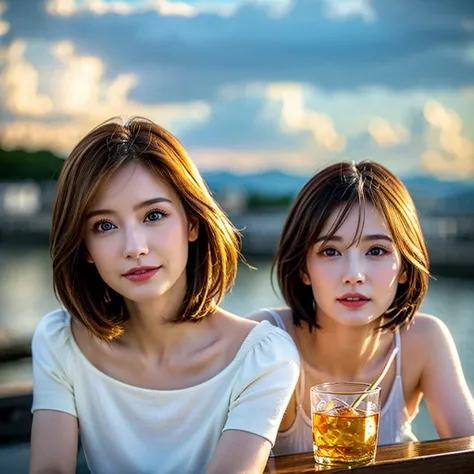 (Realistic, 超Realistic:1.4), 16k hdr, High resolution,Brown short hair,The best smile、Japanese actress,Super Beauty(Like the real thing),Short sleeve dress,Whiskey bottles、The Macallan、Johnnie Walker、、Old Parr、whiskey、Suntory、Nikka、Slim couple、Model Couple...