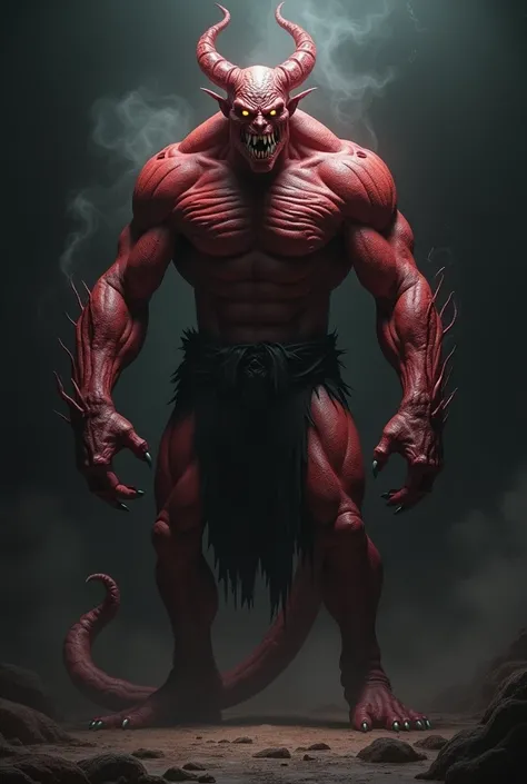 Demon standing in dark background is blood red and demon is very scary 