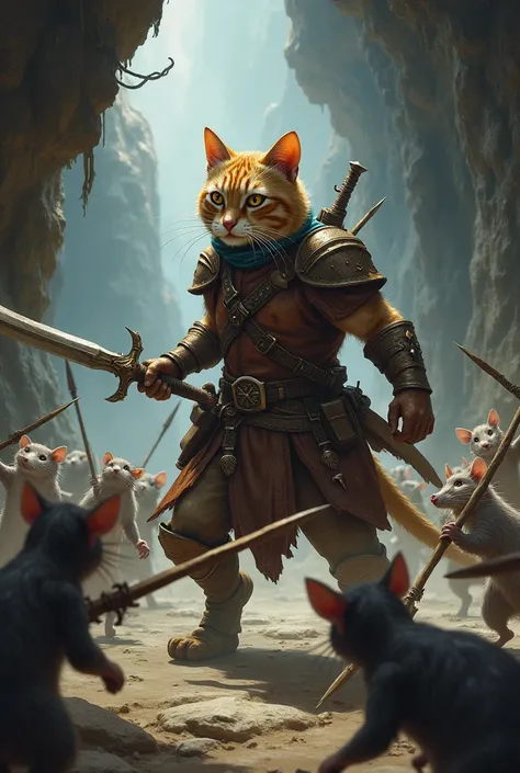 You get lost in a cave. Suddenly there was a very loud noise. As you search for the sound, you see a cat dressed as a warrior equipped with a sword fighting with several rats armed with spears. Forage ( make the easier)