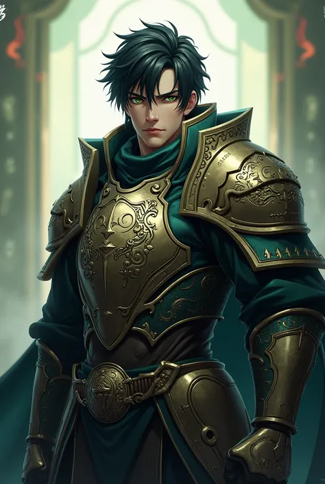 WARRIOR man, black hair green eyes, of armor, portraite, estilo genshin impact