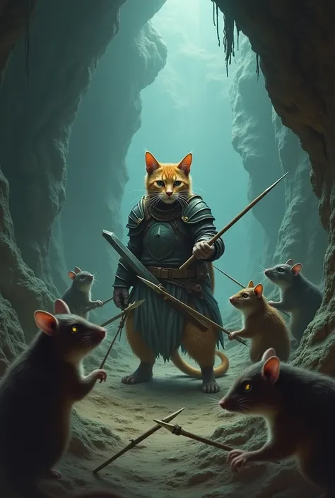 You get lost in a cave. Suddenly there was a very loud noise. As you search for the sound, you see a cat dressed as a warrior equipped with a sword fighting with several rats armed with spears. Forage ( make the easier and simple)