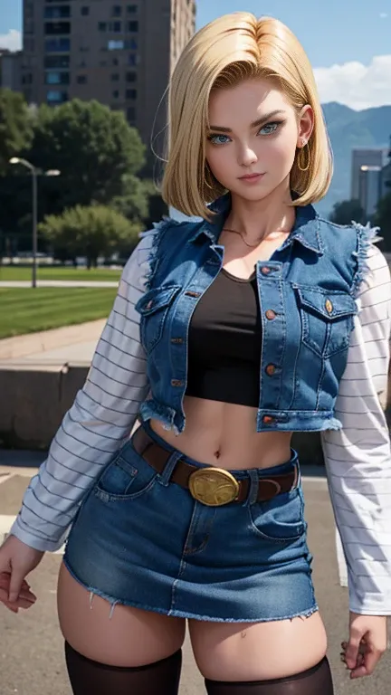 android 18, athletic body, muscle girl, breasts big, shorth hair loiro, blue colored eyes, waist belt, booties, tight blue denim...