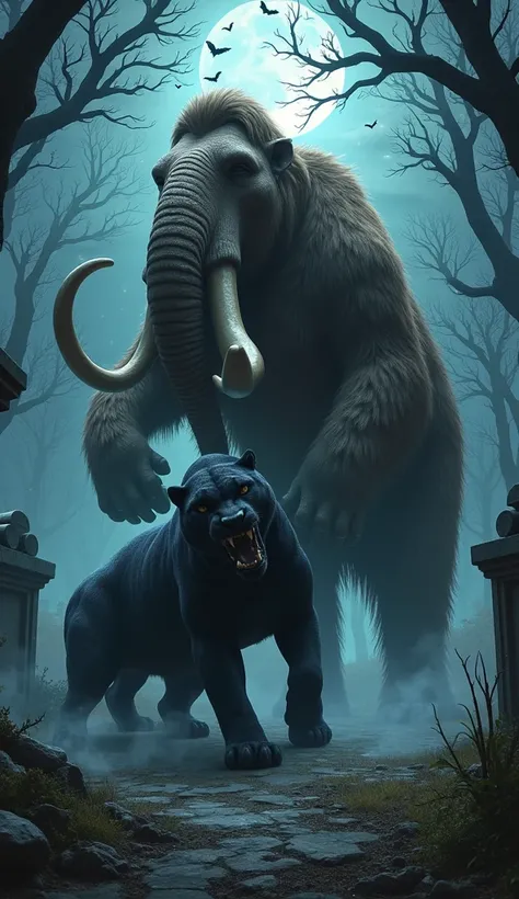 Mammouth standing on a dead black panther that it fought in a dark scary graveyard at night