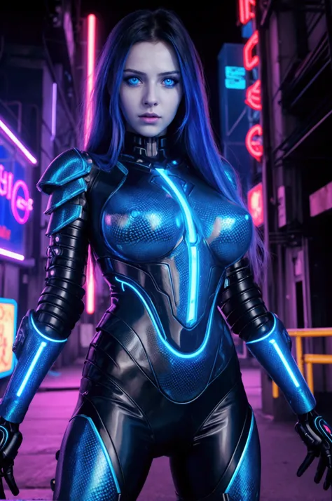 A cyberpunk girl, ultra realistic, detailed facial features, deep blue eyes, long snakes in hair, large breasts, sexual pose, looking at camera, neon light armor, cybernetic jungle background, low contrast