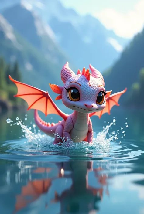 Baby Dragon Trying to Learn to Fly on the Mountain,  but fell into the lake splashing water Little baby dragon, about a meter long with shimmering pink and blue scales. Big round amber eyes show curiosity, still fragile wings, slightly transparent. He has ...