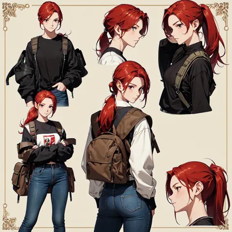 (draw) ((Masterpiece, best quality)) (character design sheet, same character, front, side, go back, There are writings all around.) Women with length, Red hair and ponytail hairstyle, brown eyes, Wear a bulletproof vest., Long sleeve t-shirt with zip closu...