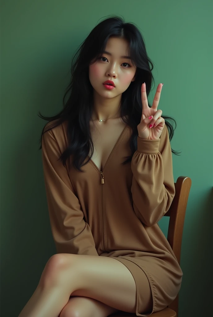 A selfie of a 20 years old Korean  girl with black open hair. She has an attractive, realistic face and is wearing a cotton brown night suit. She is sitting on a simple chair and is taking a selfie with a victory sign and a pouty face. The background is bl...