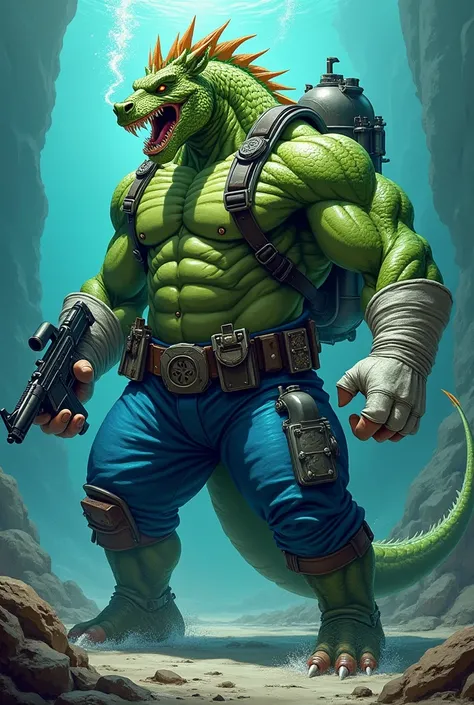 (A rugged beefy very muscular laughing green dragon man), (wearing blue wetsuit), carrying a rifle. He has bulky scuba gear, muscular physique, toned muscles, fierce, heroic, action, comic artstyle, bulky best quality, wearing white fingerless gloves. wear...