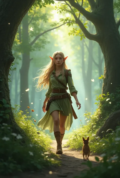 A portrait of a young elven female adventurer in an enchanted forest. She plays around with wisps that fly around and little creatures running around. Suddnely she hears sounds of chainsaws running and trees being cut down, scaring away all the wildlife. S...