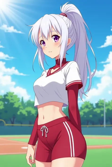 HD、Animation style、white hair 、Purple Eyes、girl、plump breasts 、High school student 、single ponytail、Baseball player、Light color short sleeve top、Long sleeve red underwear、Good shape、Thin、sash、Sky、cloud、sunny、Baseball field
