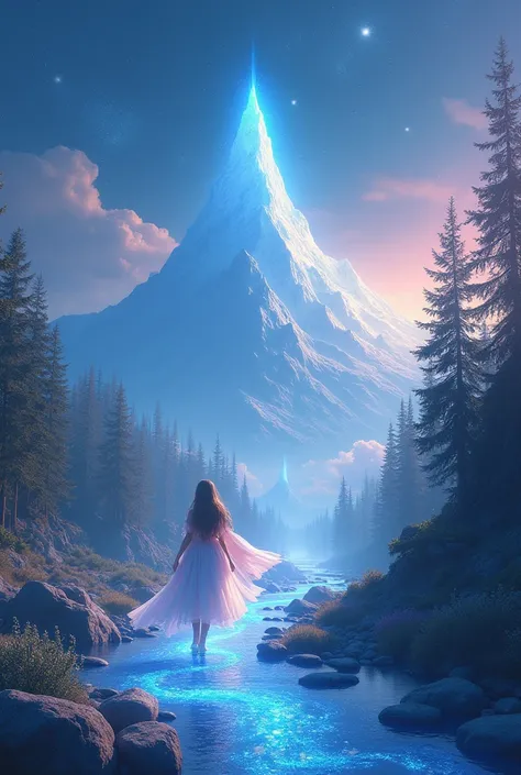 Princess Lyra, guided by Astra, travels across the Starlit Kingdom, facing various challenges. They pass through a crystal forest, cross a river of light, and climb the Sky Mountain where the starstone is hidden.