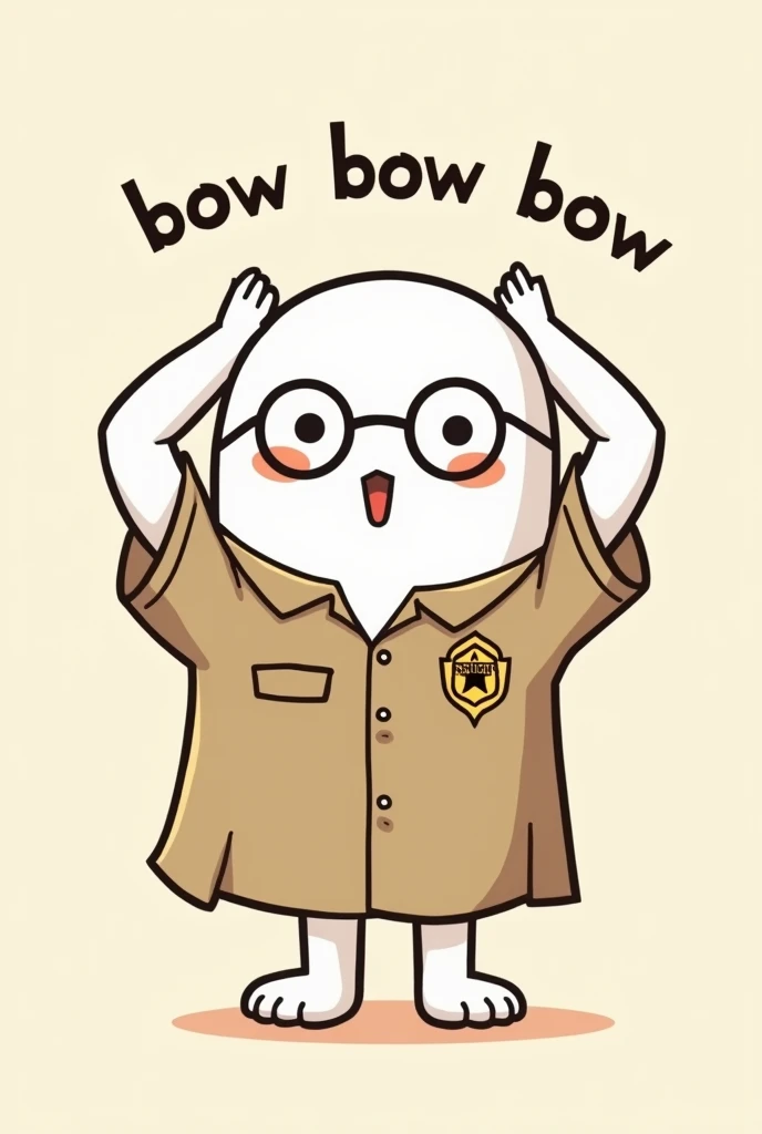 a cartoon ghost with glasses in a tan security shirt with his hands behind his head. text that says “bow bow bow”