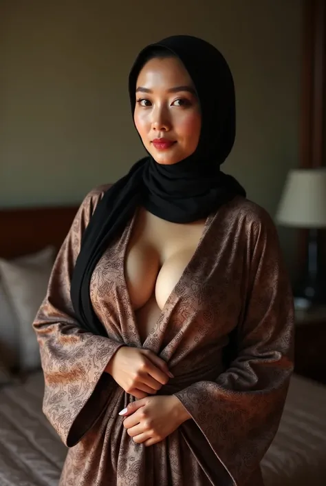 Very good quality, mature milf 40 years old, in hijab, Asian, lost view, in horror, Bigger Breasts, slim, sexy, in hijab и халате с узорами , the robe is falling off her and barely stays on her, the bedroom is very sexy , the large cleavage is clearly visi...