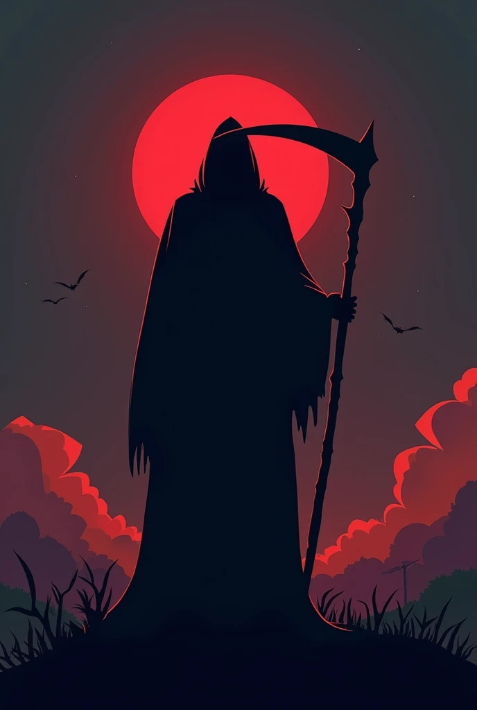 red grim reaper, scythe, death, minimalist, aesthetic, cartoon, night, horror, simple design, back view, no face, thrilling