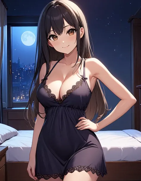 4k, bestquality, detailed, detailed scenery, detailed eyes, 1Girl, cute, adorable, straight hair, long hair, black hair, brown eyes, cleavage, smiling, looking at the camera, standing, (hand on hip:1.2), Seductive pose, bedroom, night, Nightdress