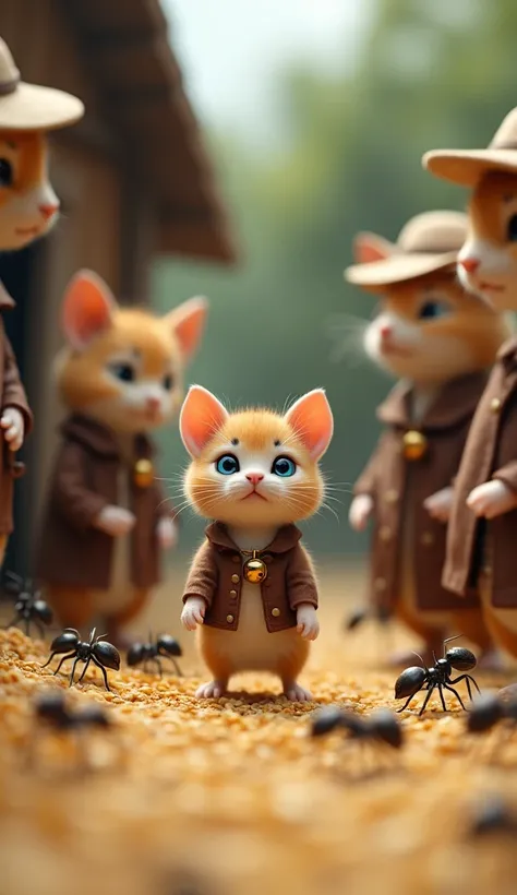 "In the heart of the miniature village, the kitten Momo, qbu abus fur can be seen bravely facing the giant ants attacking the mouses grain warehouse. Her fur is slightly puffed up, indicating her alertness and readiness for action. Her bright blue eyes foc...