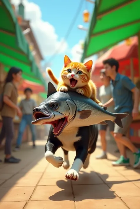 lateral view, hyper realist, A dynamic and humorous scene in a lively outdoor market. A black and white dog is running at great speed, with its tongue out in excitement. On the dogs back is a yellow striped cat with wide eyes and an open mouth, clutching t...