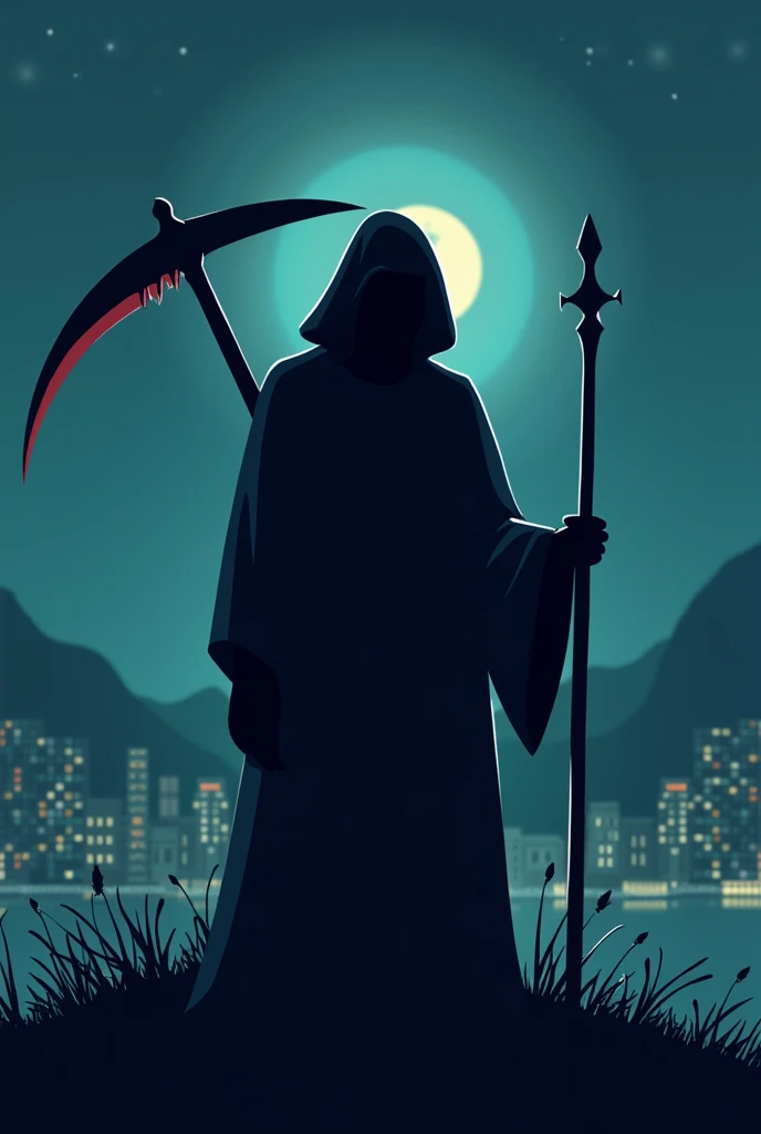 red grim reaper, scythe, death, minimalist, aesthetic, cartoon, night, horror, simple design, back view, no face, thrilling, city