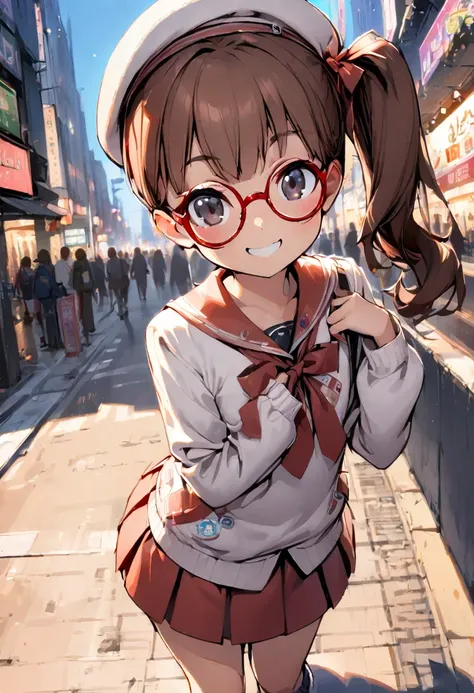 A girl holding a smartphone to her ear as she talks. She is wearing a trendy outfit, including a pastel-colored hoodie and a short pleated skirt, standing in a modern city street with tall buildings and warm lighting. The girl looks cheerful and engaged in...