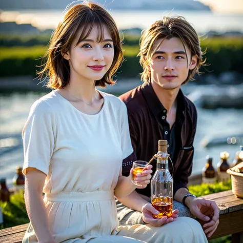 (Realistic, 超Realistic:1.4), 16k hdr, High resolution,Brown short hair,The best smile、Japanese actress,Super Beauty(Like the real thing),Short sleeve dress,Whiskey bottles、The Macallan、Johnnie Walker、、Old Parr、whiskey、Suntory、Nikka、Slim couple、Model Couple...