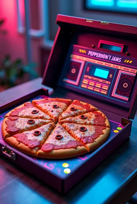 Pizza box shaped like a boombox, with a retro 80s design and fake cassette tapes on the front that say ‘Pepperoni Jams.’ The box opens like a boombox lid, and inside is a pizza cut into slices shaped like musical notes. The flavor: ‘DJ Cheddar’s Funky Fres...