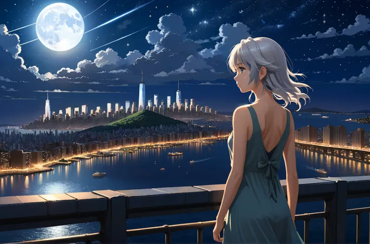 Uses Makoto Shinkai&#39;s depiction perfectly,Taylor Hillのポートレート,8k 4k masterpiece photo、Beautiful in profile、Silver Hair、Semi-long hair、Standing alone、Cityscape、Buildings、night、There are many stars in the sky、Wearing a tank top dress、Manhattan Island