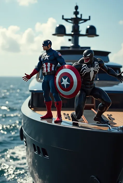 Captain america ,venom and spiderman together in a black yacht . they are looking to the ocean