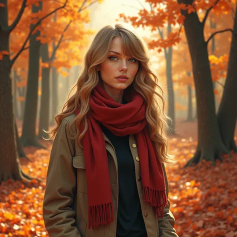 Taylor Swift in an autumn forest with a red scarf