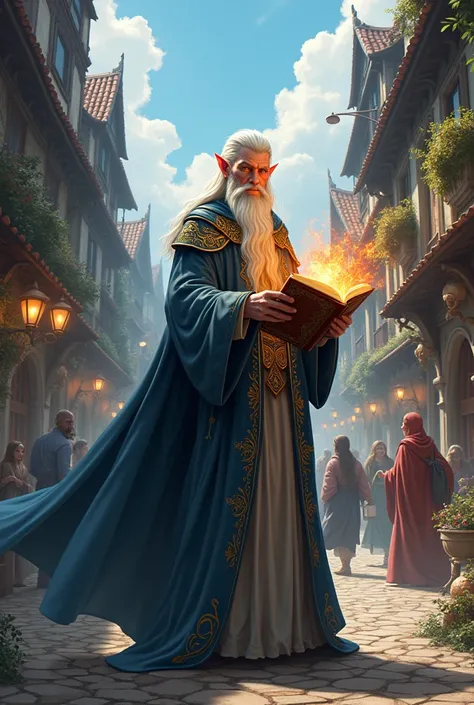  ((Best Quality)), ((masterpiece)), ((detailed)), ((High Definition)), an elf wizard in anime style, magic, grimorio. In the background the streets of a town